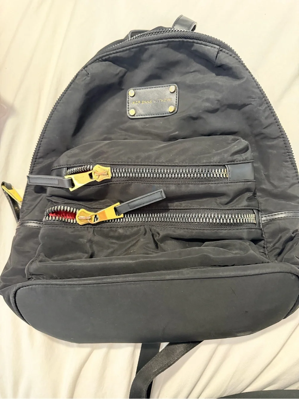 Adrienne Vittadini Black Nylon Backpack with Gold Accents
